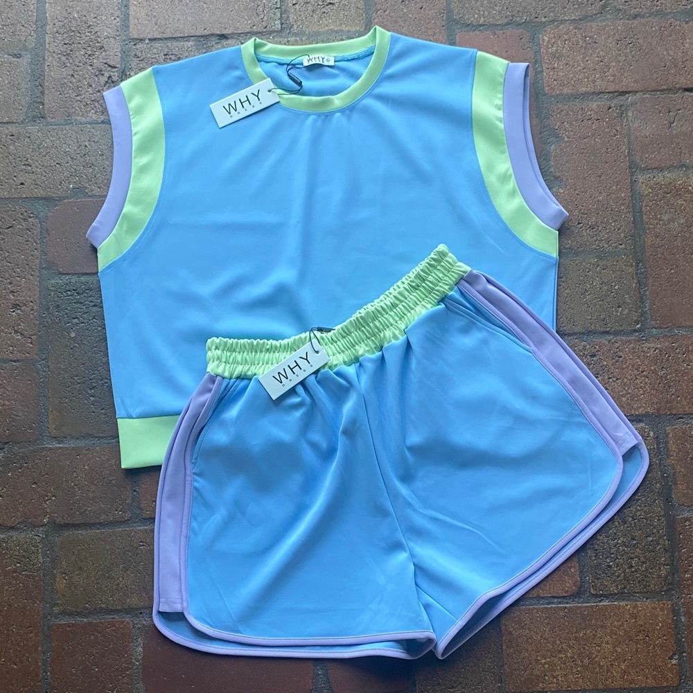 Vibrant Blue Shorts Set with Green and Purple Accents
